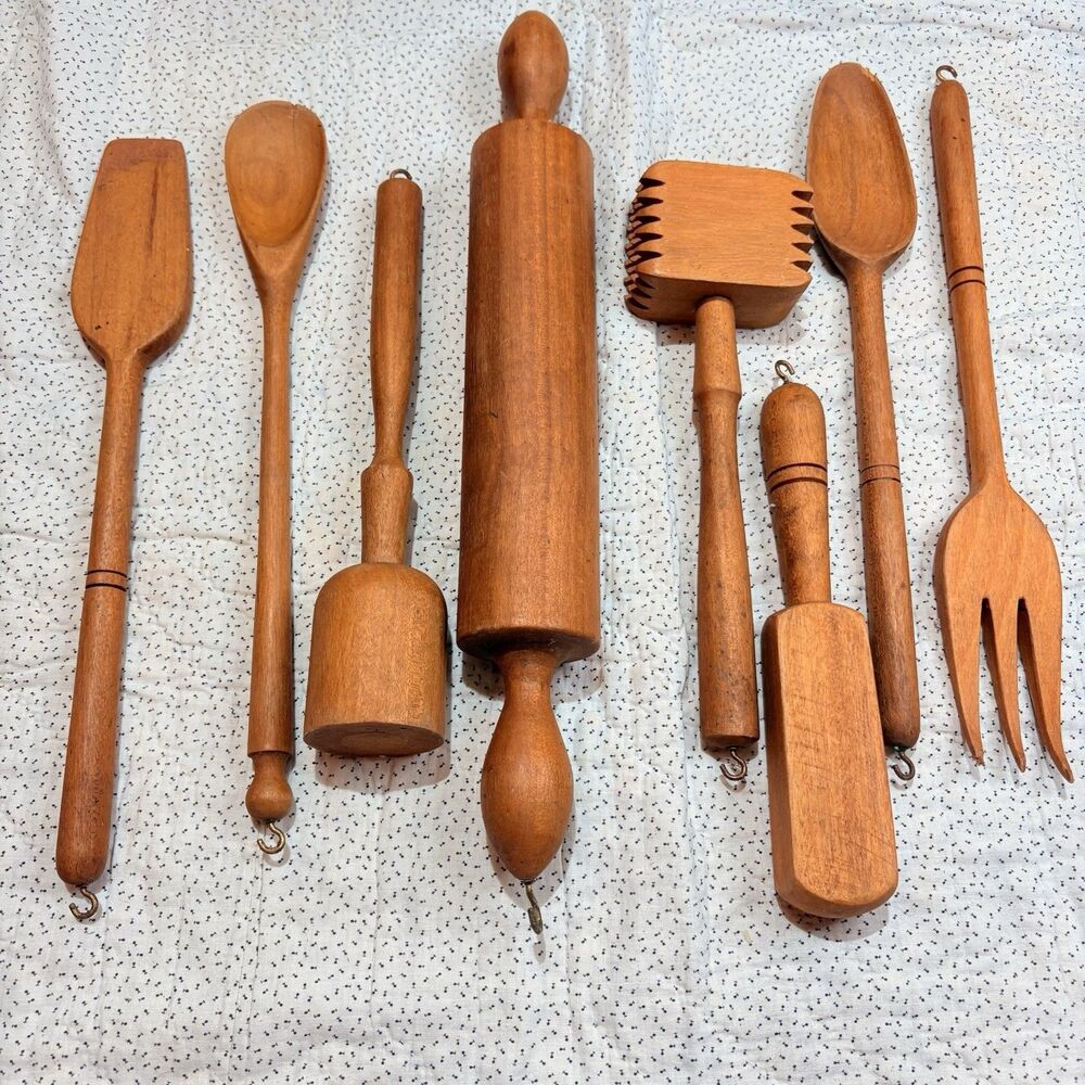 Vintage Antique Primitive Wooden Kitchen Utensils With Hooks Lot Of 8pcs